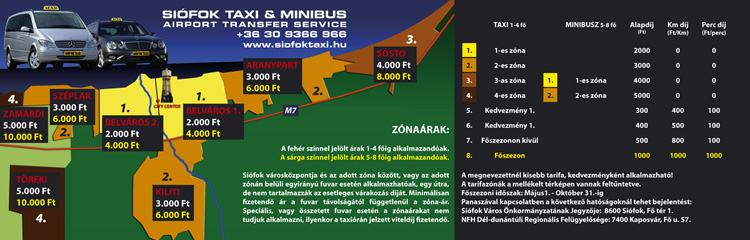 Siófok taxi, minibus fixed prices, fees: from-, or to city center